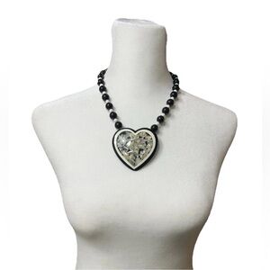 Statement Necklace Beaded White & Black Acrylic Heart Mother Of Pearl Resin 20”